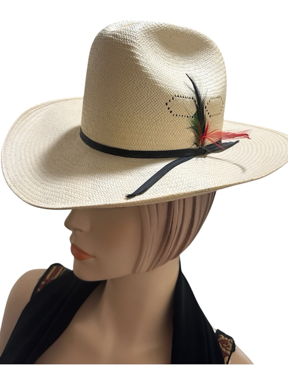 Stetson Natural Straw Hat with Black Band and Red/Green/Black Feathers
